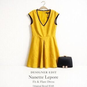 Nanette Lepore Yellow Fit Flare Dress Black Trim Size 8 Made in NYC
